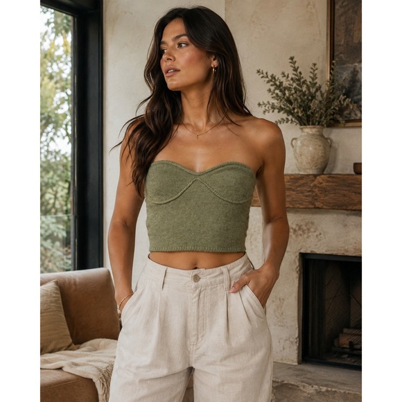 Zara Tops - Zara Tube Top Womens Medium Green Knit Bustier Corset Strapless